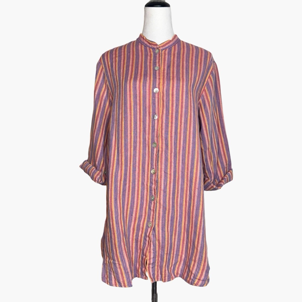 FLAX 100% Linen Button Up Tunic Blouse Size S Pink Slits Lagenlook Boho Artsy